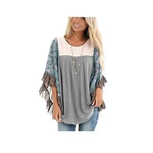 Women Chiffon Blouse Floral Batwing Ruffle Sleeve Chiffon Tops Size 3XL